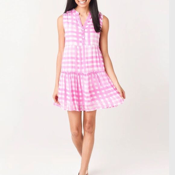 Oliphant Pink and White Gingham Yoke Tiered Button Neck Dress Size Medium - Picture 2 of 9